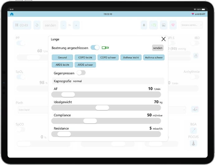 Lungeneinstellungen in simHEART: Compliance, Resistance, COPD und ARDS