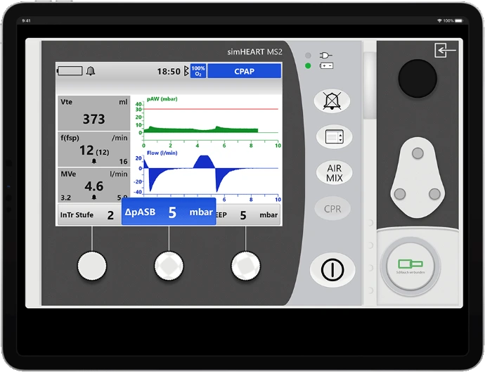 simHEART MS2 im Modus CPAP mit ASB auf dem iPad