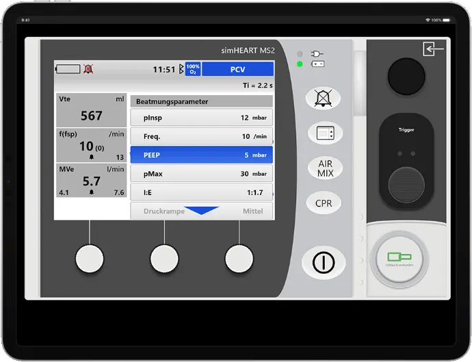 Parametermenü PCV am simulierten MS2