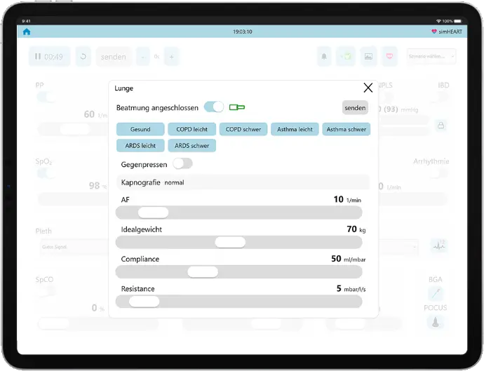 Lungeneinstellungen in simHEART: Compliance, Resistance, COPD und ARDS
