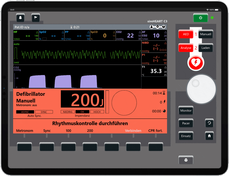 C3-Monitor-Simulator auf dem iPad im manuellen Defibrillator-Modus